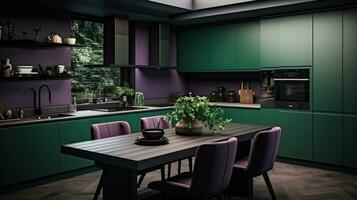 kök, violett och mörk grön färger. interiör design foto