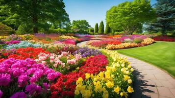 en skön fantastisk blomma trädgård spricker med vibrerande genererad förbi ai foto