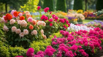 en skön blomma trädgård spricker med hortensior i brittany genererad förbi ai foto