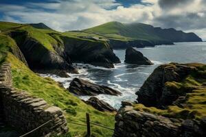 se av de kustlinje på slingra halvö, grevskap Kerry, Irland, ringa av slingra halvö kerry irland dunquin pir hamn sten sten klippa landskap havsbild, ai genererad foto