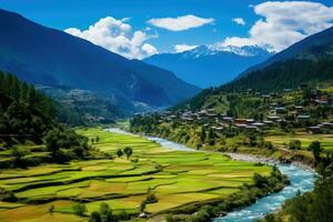 ris fält i de himalaya, annapurna krets vandra, nepal, naturskön se av de paro dal, ai genererad foto