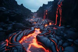 3d tolkning av en vulkanisk landskap med lava strömma i de förgrund, flod av pahoehoe lava strömmande ner en klippa, ai genererad foto