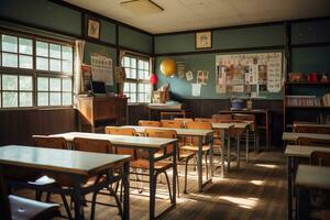 årgång interiör av ett gammal skola klassrum med tabeller och stolar, skola klassrum med skola skrivbord och svarta tavlan i japansk hög skola, ai genererad foto