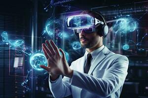 ung man i vit kostym använder sig av virtuell verklighet headset. 3d tolkning, forskare bär virtuell verklighet glasögon mot media skärm bakgrund 3d tolkning, ai genererad foto