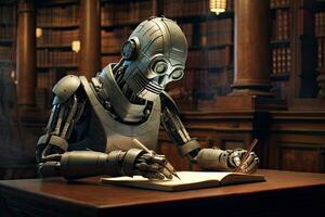 robot läsning en bok i en bibliotek. 3d tolkning, robot författare skrivning på en anteckningsblock i ett gammal bibliotek, ai genererad foto