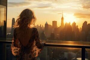 skön ung kvinna med lång vågig blond hår ser på ny york stad horisont på solnedgång, rik kvinna bak- se njut av de solnedgång stående på de balkong på lyx lägenheter, ai genererad foto