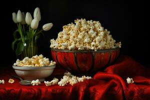 popcorn i en skål och vit tulpaner på en mörk bakgrund, rekreation konstnärlig fortfarande liv av popcorn öppna och stängd i en skål omgiven av Mer popcorn, ai genererad foto