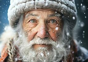 porträtt av äldre man med skägg. värma hatt och faller snö. vinter- tid. ai genererad foto