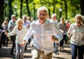 senior människor håller på med fysisk övning utomhus i en parkera. friska liv tid. ai genererad foto