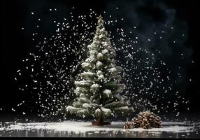 jul träd med snö isolerat på mörk bakgrund. ai genererad foto