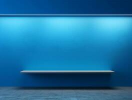 tömma blå neon ljus modern interiör vägg bakgrund främre se ai genererad foto