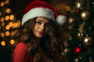 skön kvinna i santa hatt nära jul träd. generativ ai foto
