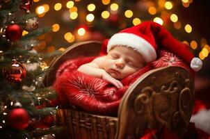 en nyfödd bebis i en santa hatt sover i en korg- vagga mot de bakgrund av en krans. generativ ai foto