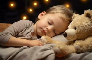 bebis flicka sovande med en teddy Björn nära de jul träd. generativ ai foto