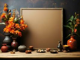 falsk upp brun tom tömma bild ram med bukett färgrik blommor i vas indisk stil på trä- tabell. ai genererad foto