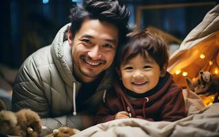 familj man asiatisk far är leende med söt son barn är bär överrock tillsammans. ai genererad foto