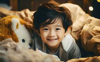 leende asiatisk söt pojke unge och son barn med docka och leksaker är bär överrock. ai genererad foto