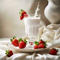 färsk jordgubb med mjölk stänk i glas. ai genererad foto