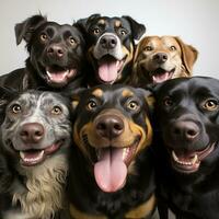 en Foto av grupp av Lycklig hundar i främre av en vit bakgrund. studio skott. generativ ai