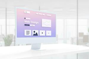 modern webb design studio sida layout svävar på en dator visa i en modern studio kontor foto