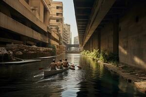 två män rodd på de flod i dubai, förenad arab emirater, roddare växa ut av betong i en förlorat stad, ai genererad foto
