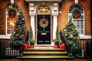 söt och mysigt hus med jul dekorationer, jul krans på de dörr foto