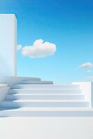 generativ ai, tömma podium, estetisk produkt bakgrund, blå himmel och vit trappor bakgrund foto
