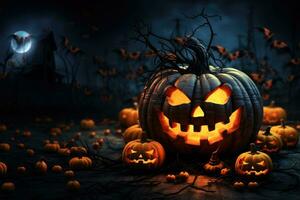 halloween pumpa domkraft lykta med mörk natt träd i de bakgrund baner. ai generativ foto