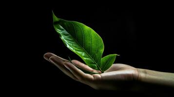 mänsklig hand innehav grön blad symboliserar miljömässigt foto