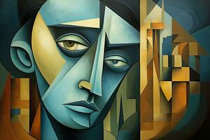 digital målning av en man ansikte kombinerad med geometrisk former i blå och gul, dyster man i kubism och futurism målning stil, kubism konst, ai genererad foto