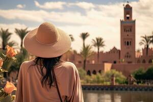 skön asiatisk kvinna med hatt ser på moské i marocko, bak- se av en kvinna ser på koutoubia moské minaret-turism i marrakech, marocko, ai genererad foto