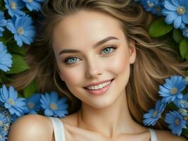 ai generativ porträtt av underbar sensuell attraktiv brunett caucasian kvinna modell leende i blomma fält, mode och skönhet begrepp, människor bakgrund foto