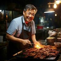 asiatisk senior man försäljning grillad kyckling på gata mat marknadsföra i Bangkok, thailand generativ ai foto