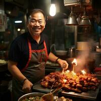 en skott av asiatisk senior man försäljning grillad kyckling på gata mat marknadsföra i Bangkok, thailand generativ ai foto