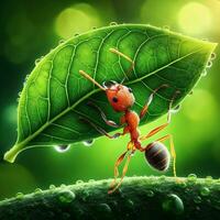 ai generativ makro av mycket liten myra bärande grön blad, vilda djur och växter bakgrund foto