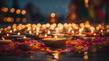 skön diwali diya lampor belyst på färgrik rangoli bakgrund generativ ai foto