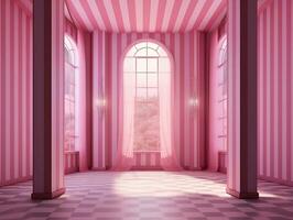 3d tolkning av ett tömma rosa randig rum med ett öppen fönster ai generativ foto