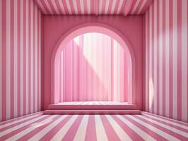 3d tolkning av ett tömma rosa randig rum med ett öppen fönster ai generativ foto