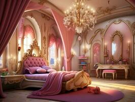 skön prinsessa sovrum i de kunglig hus ai generativ foto