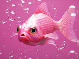 skön rosa fisk simning med bubblor från en rosa bakgrund ai generativ foto