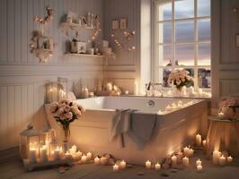 modern badrum med ljus i de mitten och vit dekorationer ai generativ foto