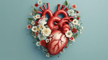 3d framställa av mänsklig hjärta med blommor och löv på blå bakgrund generativ ai foto