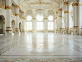 lyxig vit marmor golv av en palats med skön guld ornament ai generativ foto