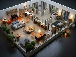 ai genererad 3d golv planen av ett öppen begrepp levande lägenhet layout Hem ai generativ foto