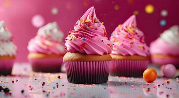 generativ ai, olika färgrik muffins med is grädde spridd över en färgrik bakgrund, rosa och guld, rosa och magenta foto