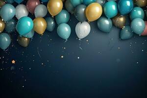 generativ ai, en födelsedag begrepp, fira, färgrik ballonger full bakgrund. kopia Plats foto