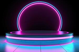 generativ ai, metall belysning neon podium cyberpunk overklig stad rosa blå neon lasrar skede produkt visa bakgrund, 3d illustration tömma visa utställningslokal foto
