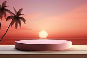 generativ ai, 3d visa podium pastell, på handflatan strand abstrakt bakgrund. vår och sommar, natur minimal piedestal. foto