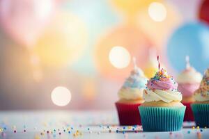 generativ ai, en muffins i en färgrik glasyr, piper, gnistra kärna, rosa, blå, pastell Färg, fest och födelsedag, magisk med bokeh bakgrund foto