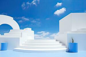 generativ ai, tömma podium, estetisk produkt bakgrund, blå himmel och vit trappor bakgrund foto